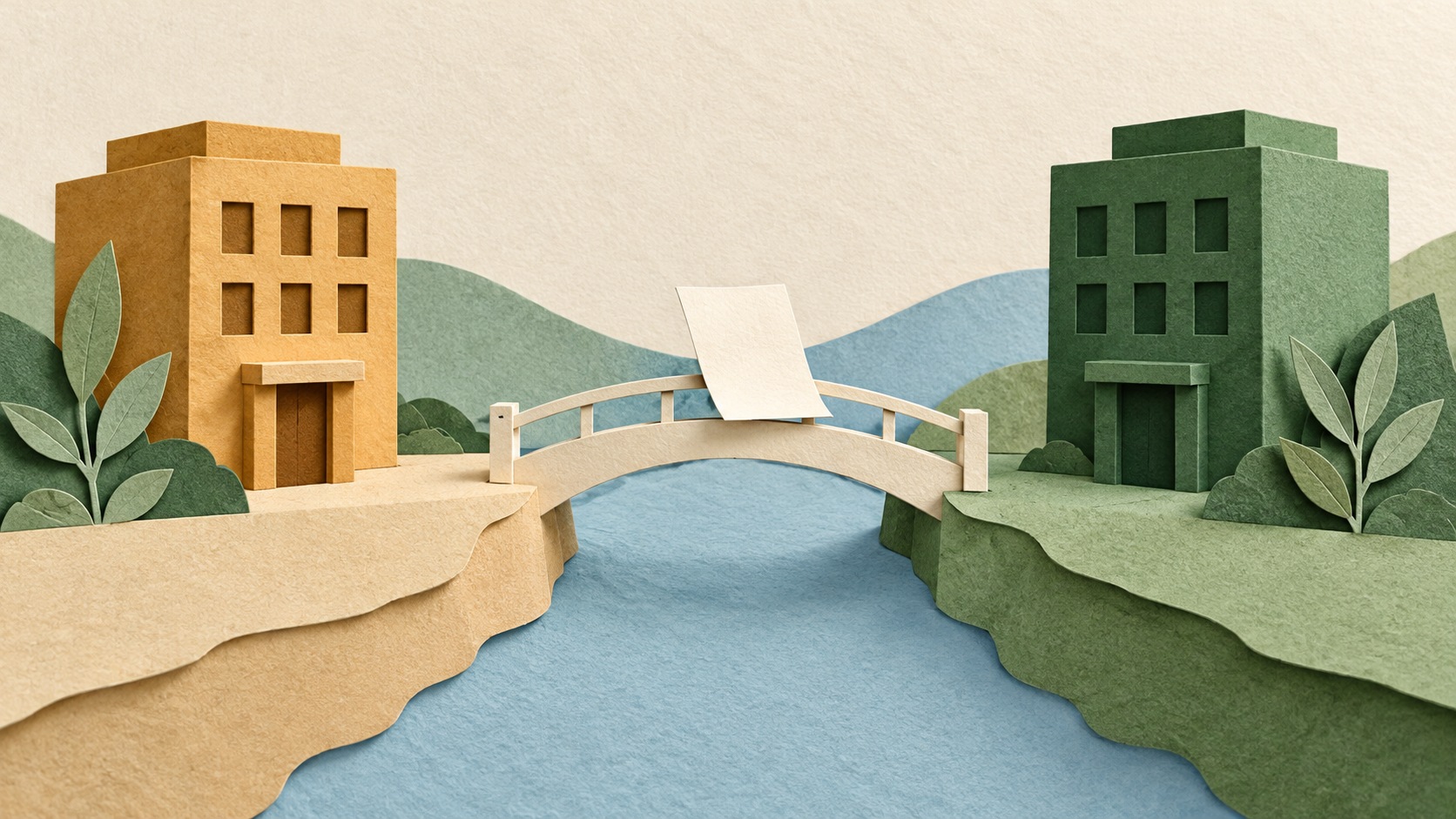 Paper-cut collage of a small bridge carrying a blank document between two folded-paper office buildings.