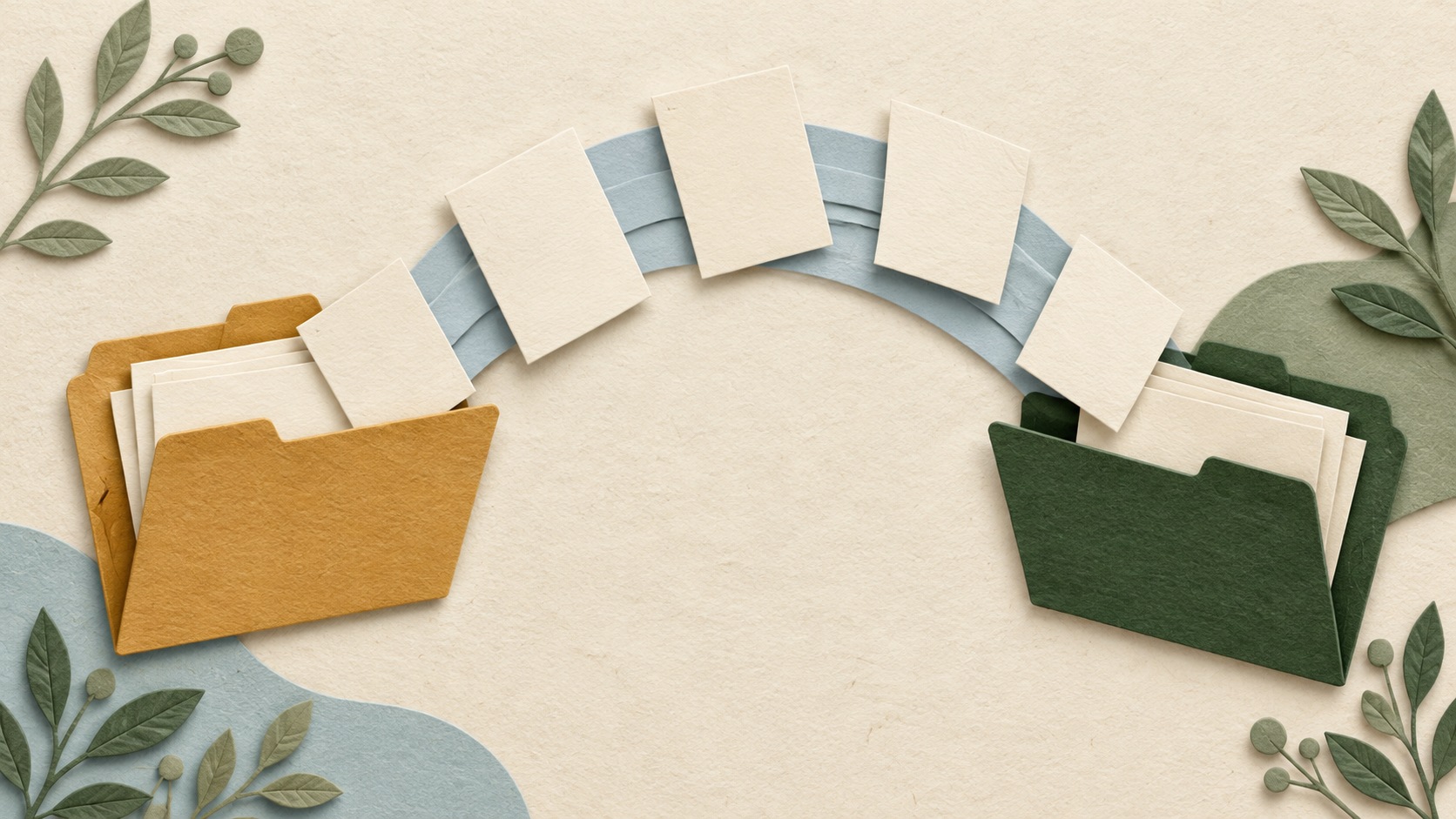 Paper-cut collage of an ochre folder and a forest-green folder exchanging blank documents along a curved paper path.