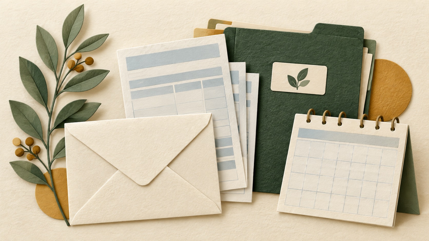 Paper-cut collage of an envelope, blank pay slips, a leaf-marked folder and a blank calendar.