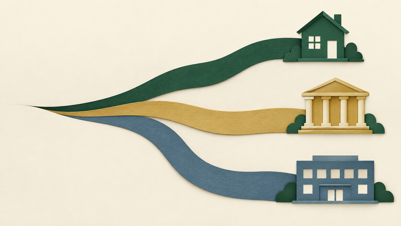 Paper-cut illustration of three paths leaving one sheet and ending at a house, a columned building and an office block, illustrating different ways to give.