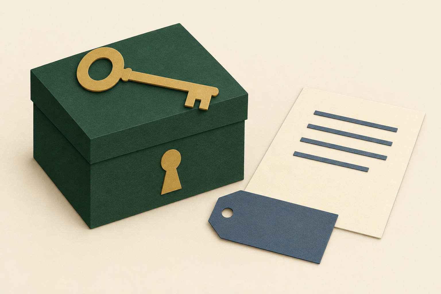 Paper-cut box with a key on it and a separate tag beside it, illustrating legal control versus an advisory role.
