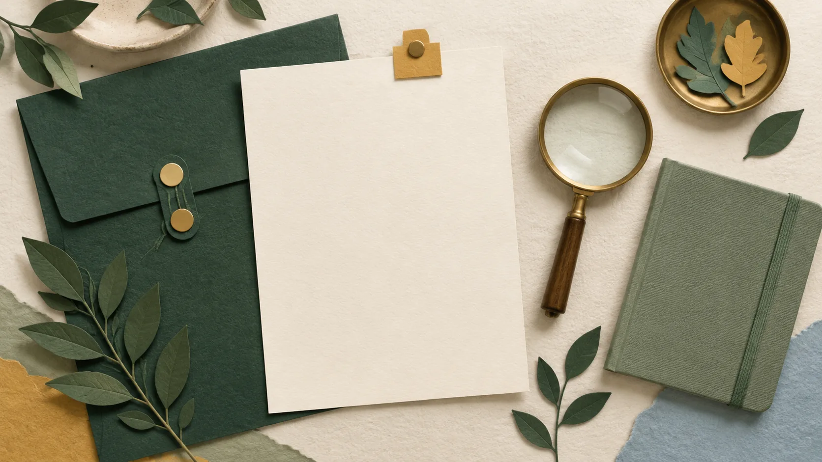 Illustrative paper-craft collage on cream paper: a blank letter with an ochre tab beside a green envelope folder, a brass magnifying glass and a sage notebook, with paper leaves. No people and no text.