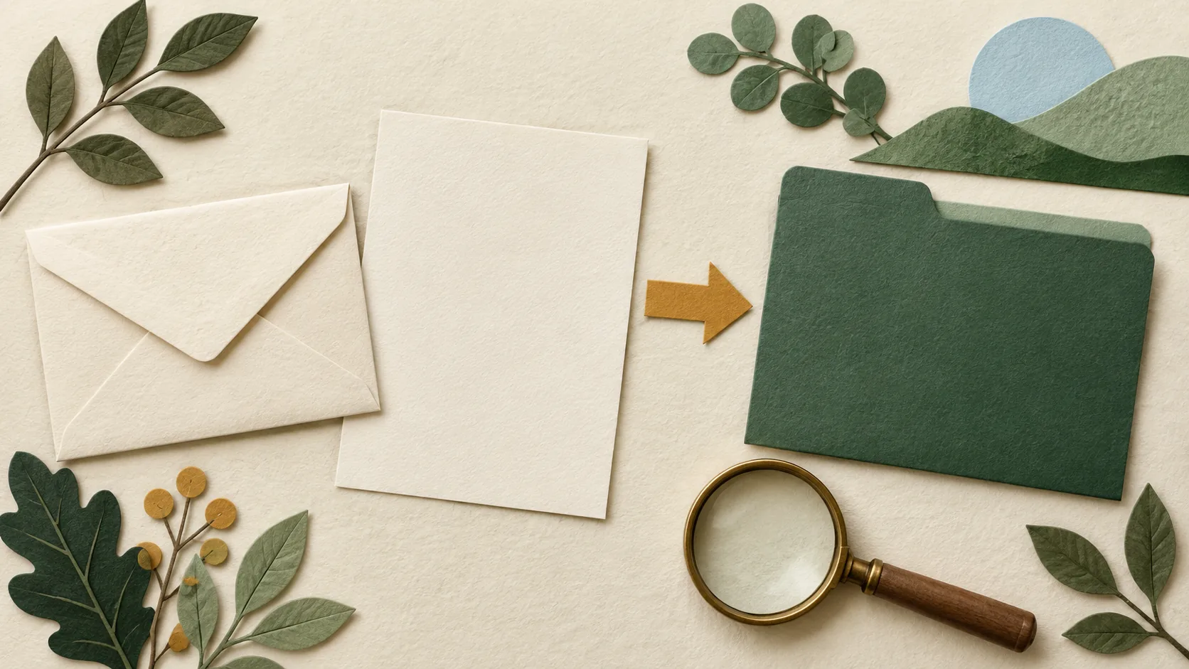 Illustrative paper-craft collage on cream paper: a blank envelope and letter with an ochre arrow pointing to a green folder, plus a brass magnifying glass and paper leaves. No people and no text.