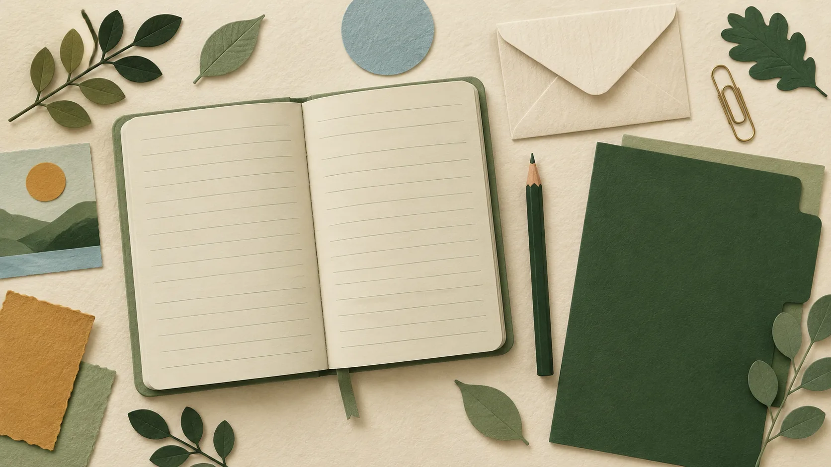 Illustrative paper-craft collage on cream paper: an open sage notebook with empty ruled rows beside a green pencil, an envelope, a paper clip and a green folder. No people and no text.
