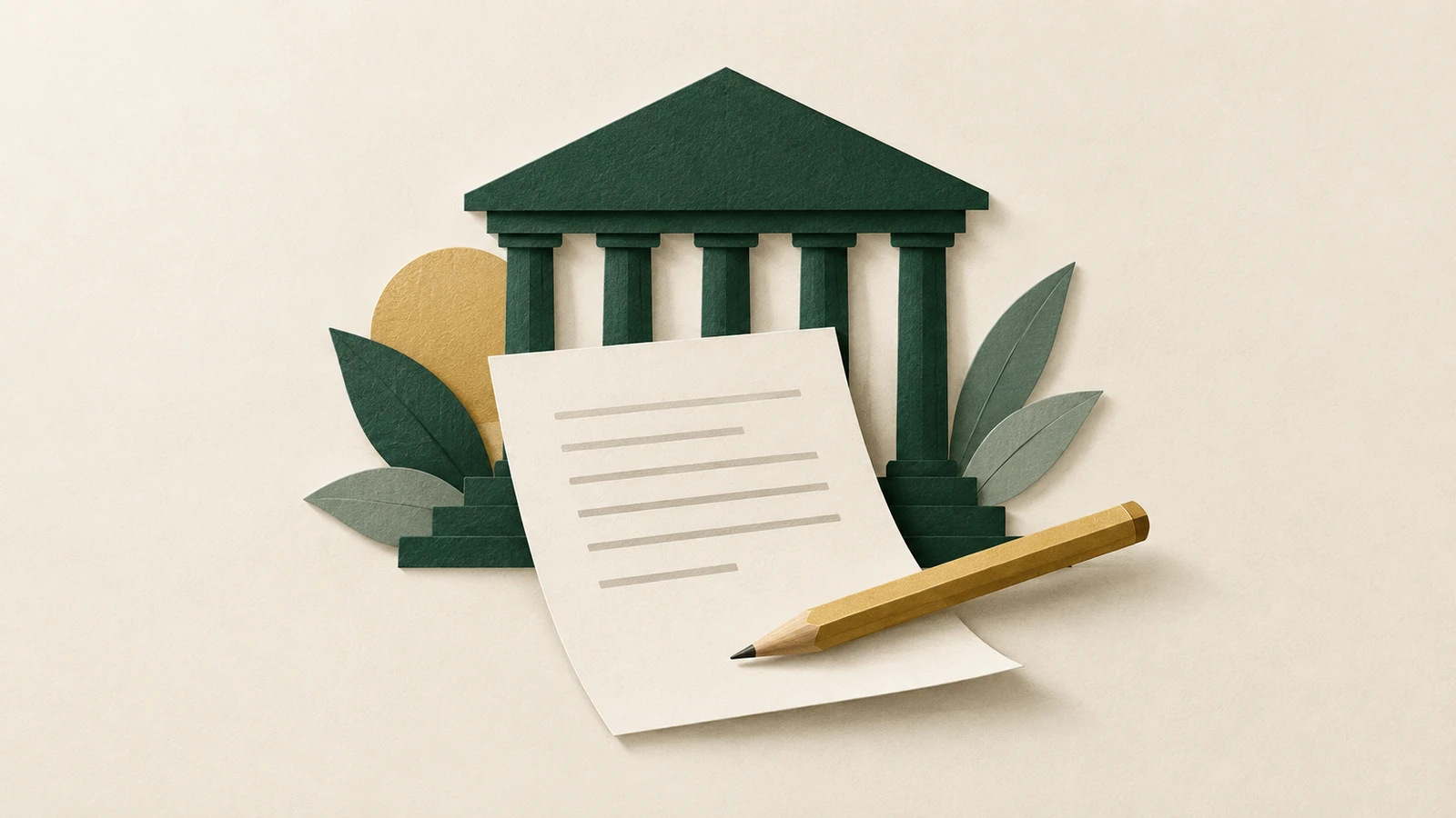 Paper-cut columned building with a sheet of paper and a pencil, illustrating planning for college costs.