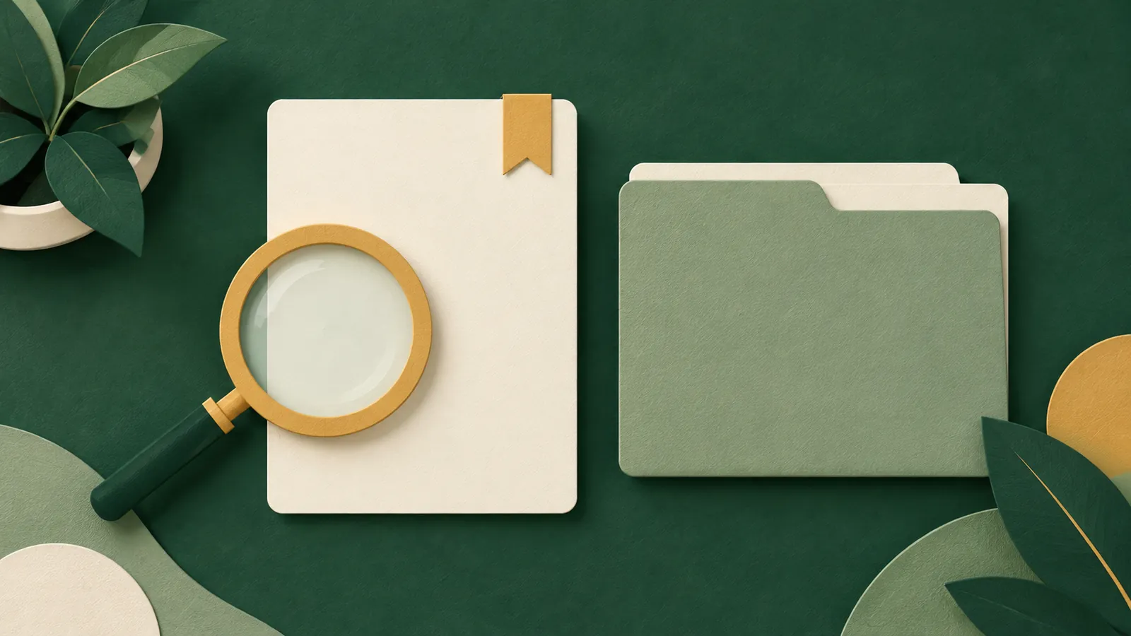 A magnifying glass over a blank document card beside a closed folder.