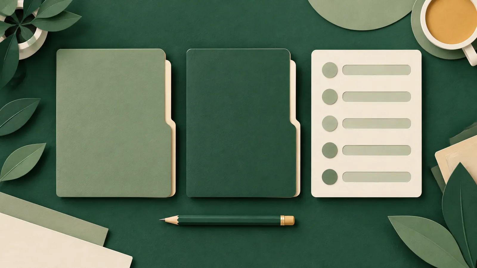 Two closed folders beside a blank five-row checklist card and a pencil.