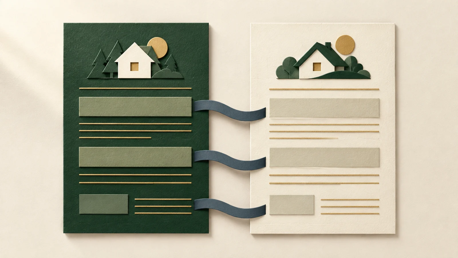 Two stylized paper forms side by side with matching sections linked by a ribbon, illustrating comparing two mortgage documents.