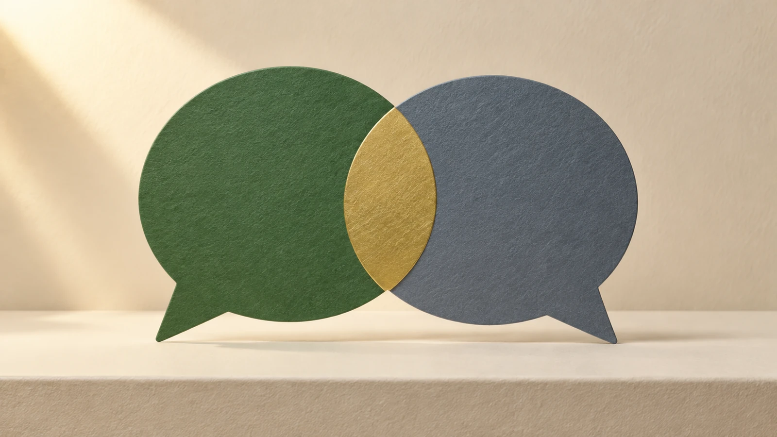 Two overlapping paper-cut speech shapes with a shared center, illustrating a shared money conversation.