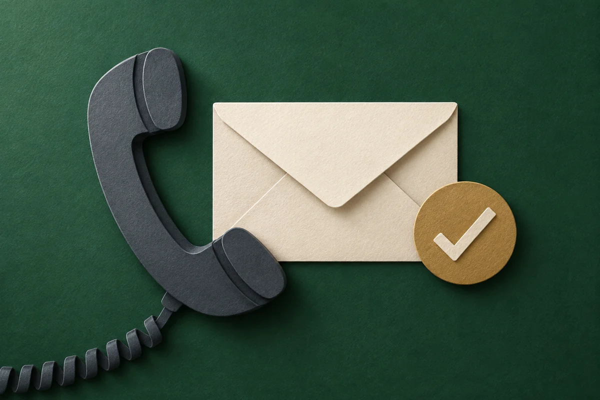 Paper-cut phone handset and envelope with a check mark, illustrating contacting the company to learn what an account is.