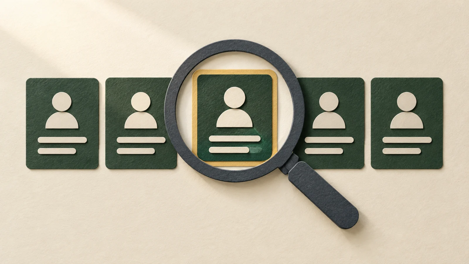 Paper-cut row of account tiles with one tile highlighted under a magnifying glass, illustrating checking an unfamiliar account.
