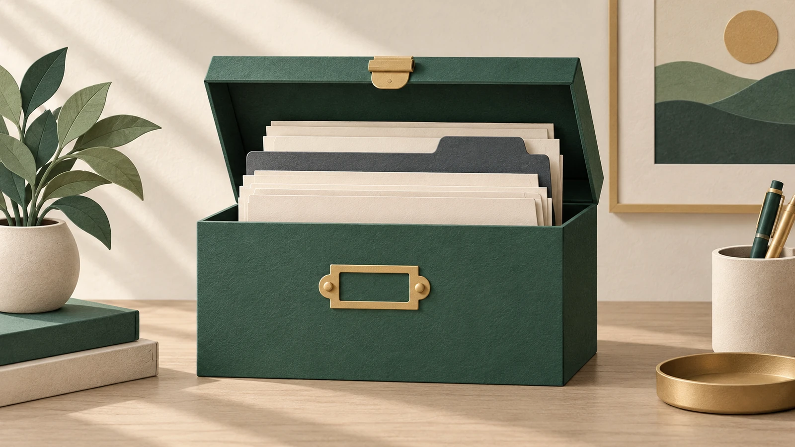 Paper-cut box holding blank documents and a folder, illustrating a household records kit.