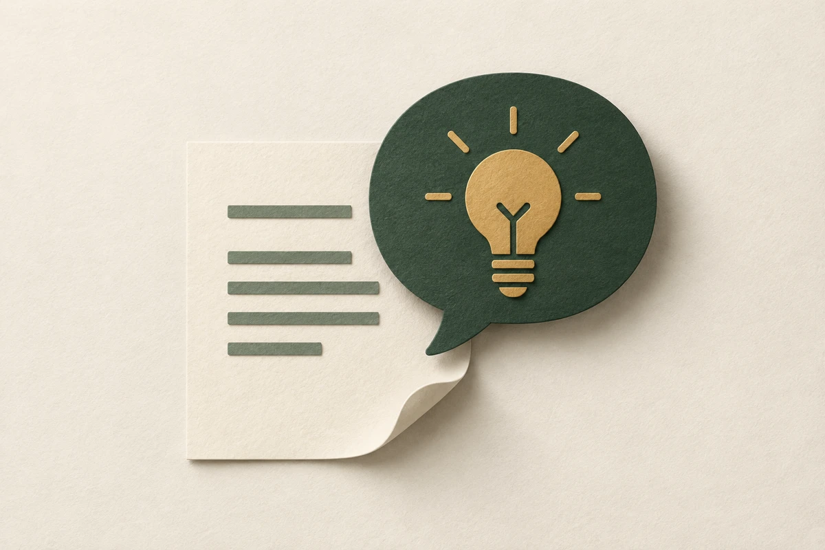 Paper-cut speech bubble with a lightbulb beside a document, illustrating talking through decisions with a professional.