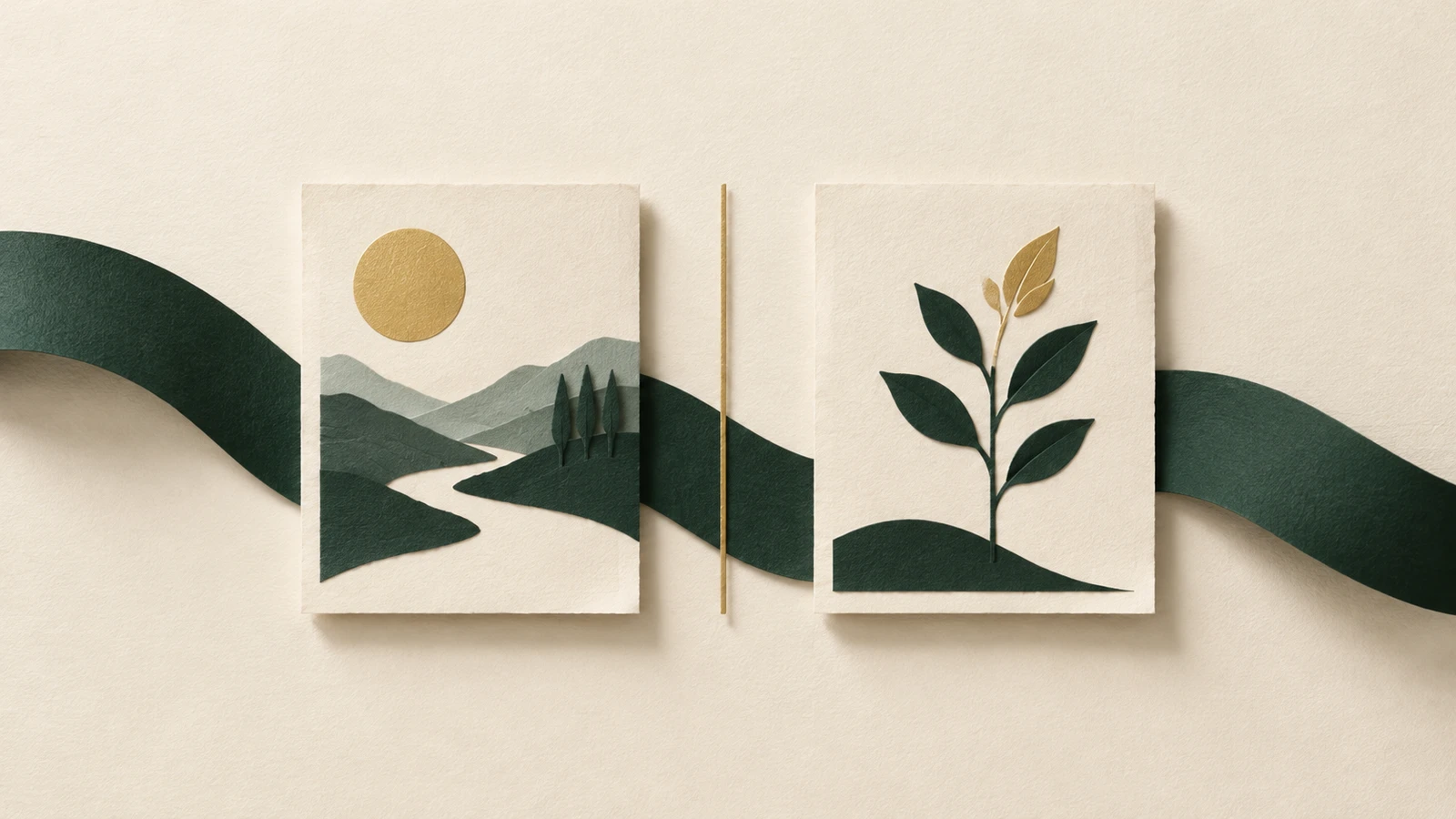 Two paper-cut cards, one with a landscape and one with a sprout, divided by a gold line, illustrating sorting out shared finances.