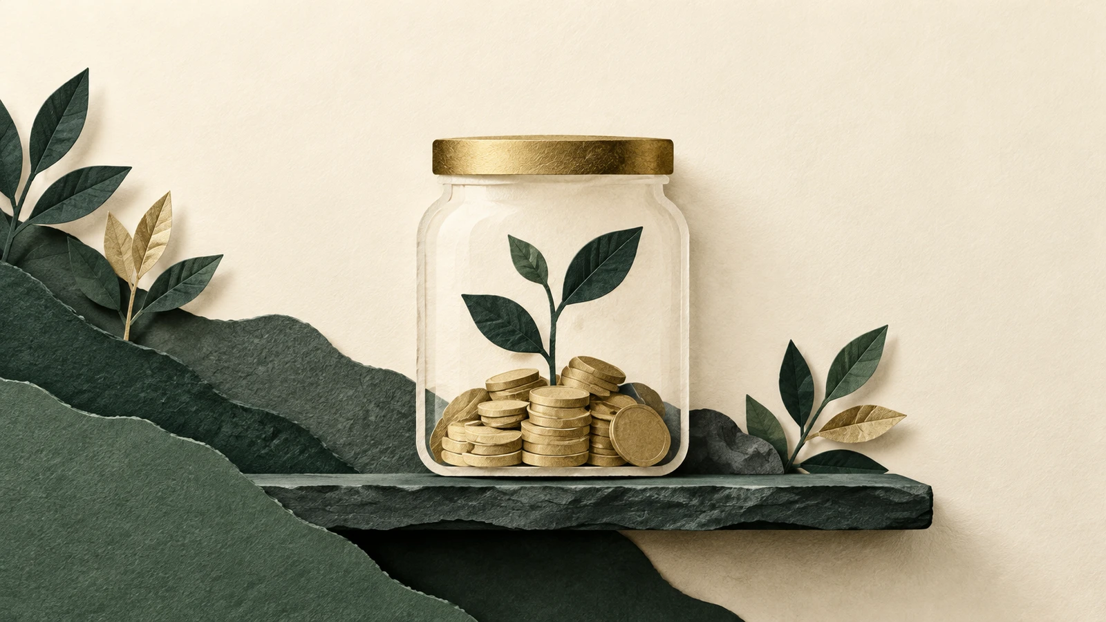 Paper-cut jar holding unlabeled coins on a shelf, illustrating a set-aside cash reserve for unexpected expenses.