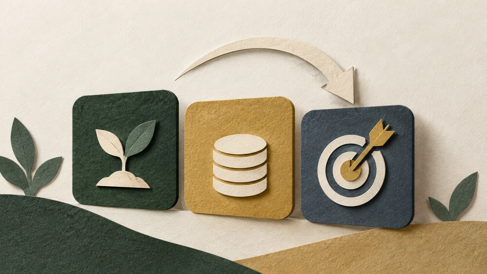 Paper-cut row of three tiles with an arrow curving toward the last one, illustrating choosing where an extra payment goes.
