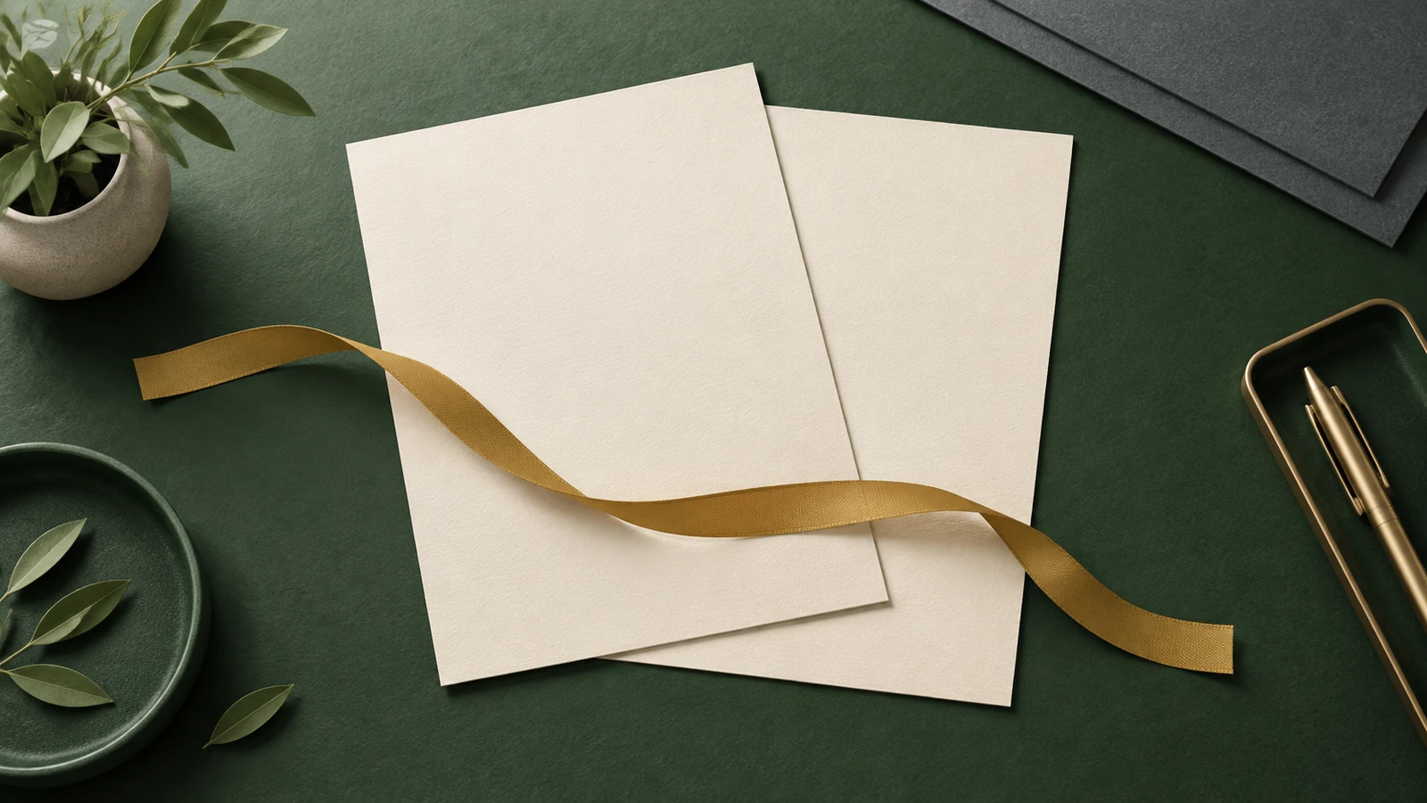 Two overlapping blank cream sheets with a gold ribbon across them on a forest-green surface.