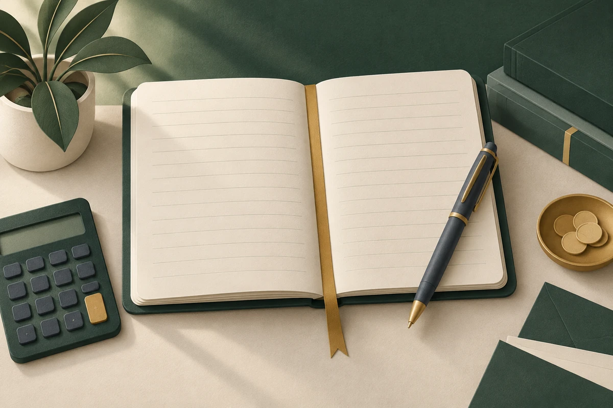 Paper-cut notebook with a ribbon marker and a pen, illustrating keeping records.