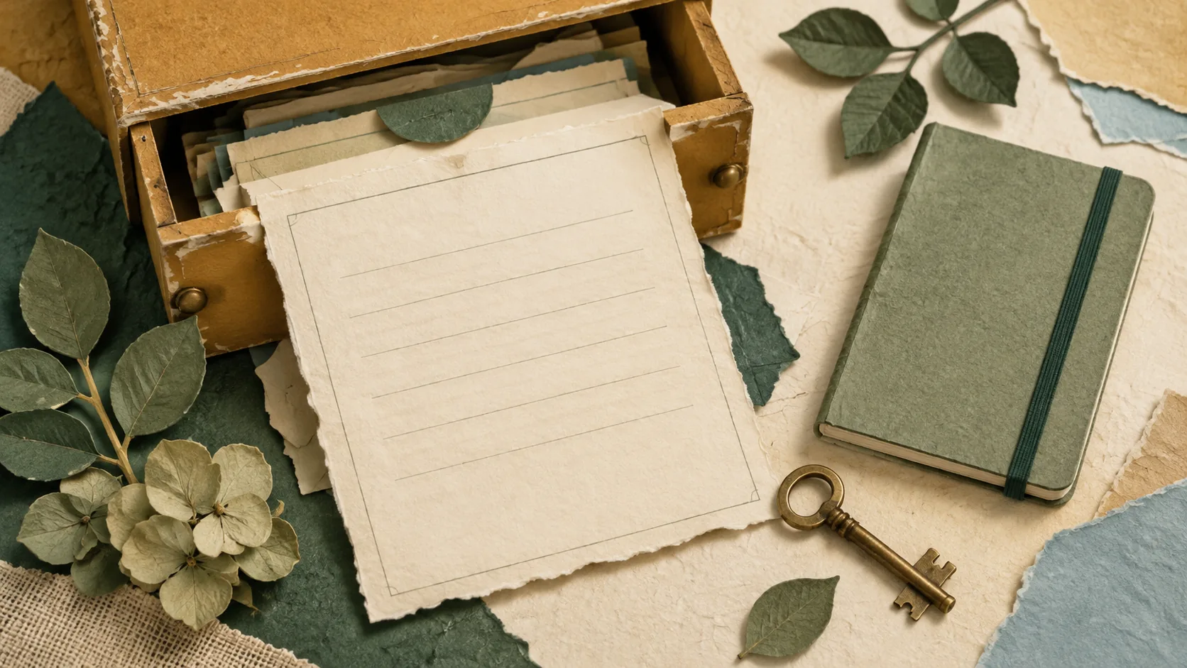 Illustrative paper-craft collage on cream paper: an old blank statement sheet half out of a worn wooden drawer, with a brass key, a sage notebook and paper leaves. No people and no text.