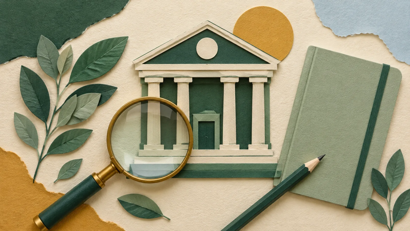 Illustrative paper-craft collage on cream paper: a small paper bank-style building with columns behind a brass magnifying glass, with a sage notebook and a green pencil. No people and no text.