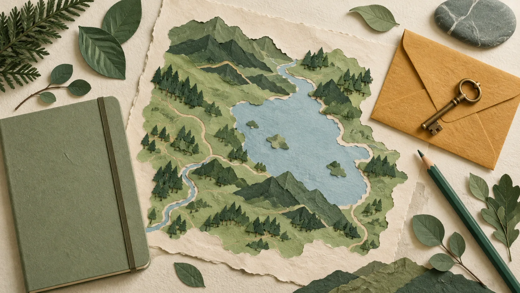 Illustrative paper-craft collage on cream paper: a paper map with green hills and a pale blue lake, an ochre envelope and a brass key, with a sage notebook and a green pencil. No people and no text.