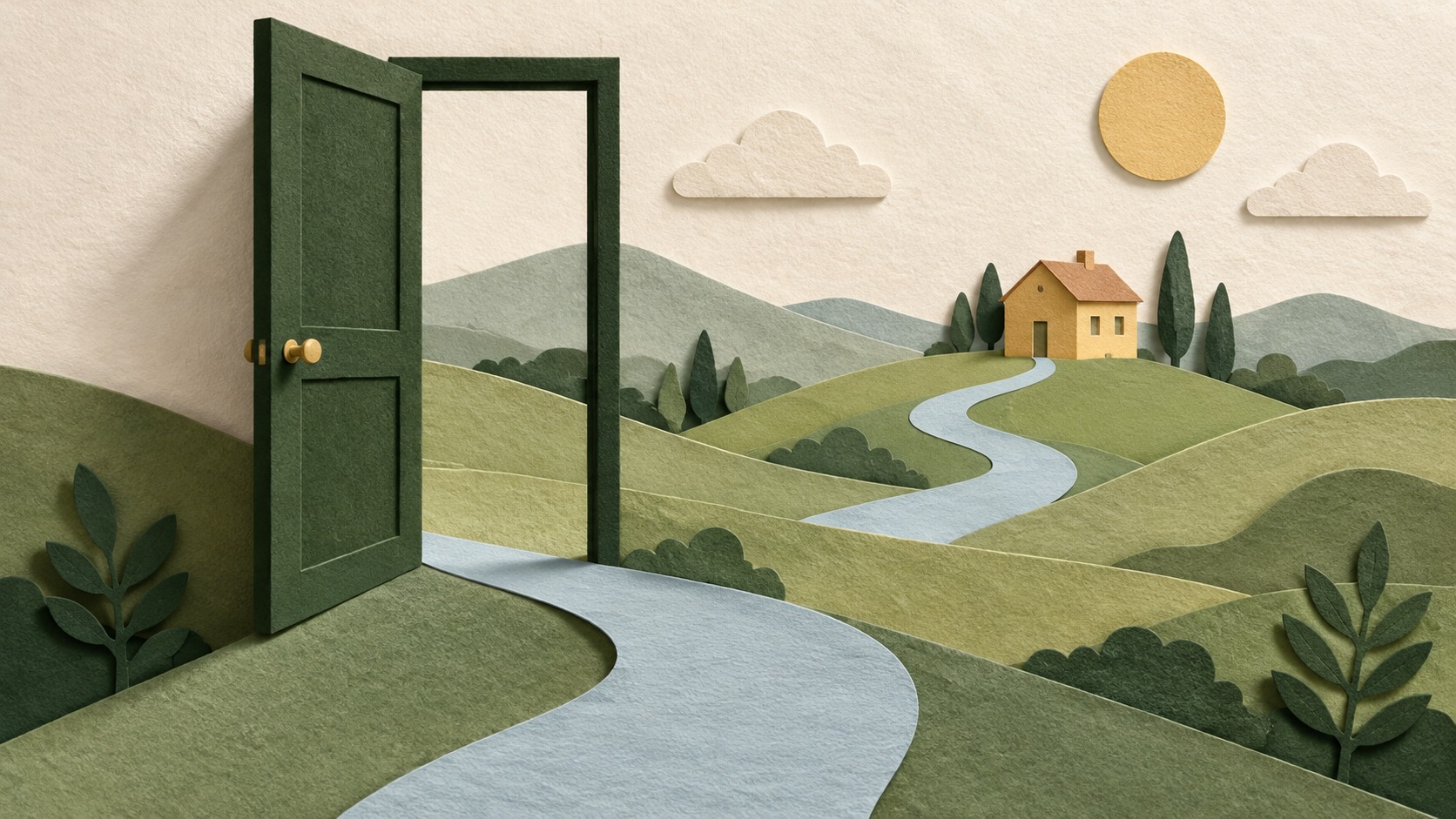 Paper-cut collage of an open forest-green paper door with a winding pale-blue path leading through sage hills toward a small ochre house in the distance.