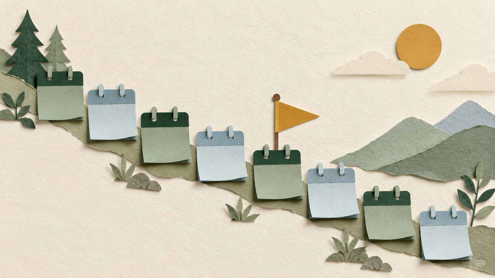 Paper-cut collage of small forest-green and pale-blue paper calendar pages stepping downward like a path, with one muted-ochre paper flag partway along.