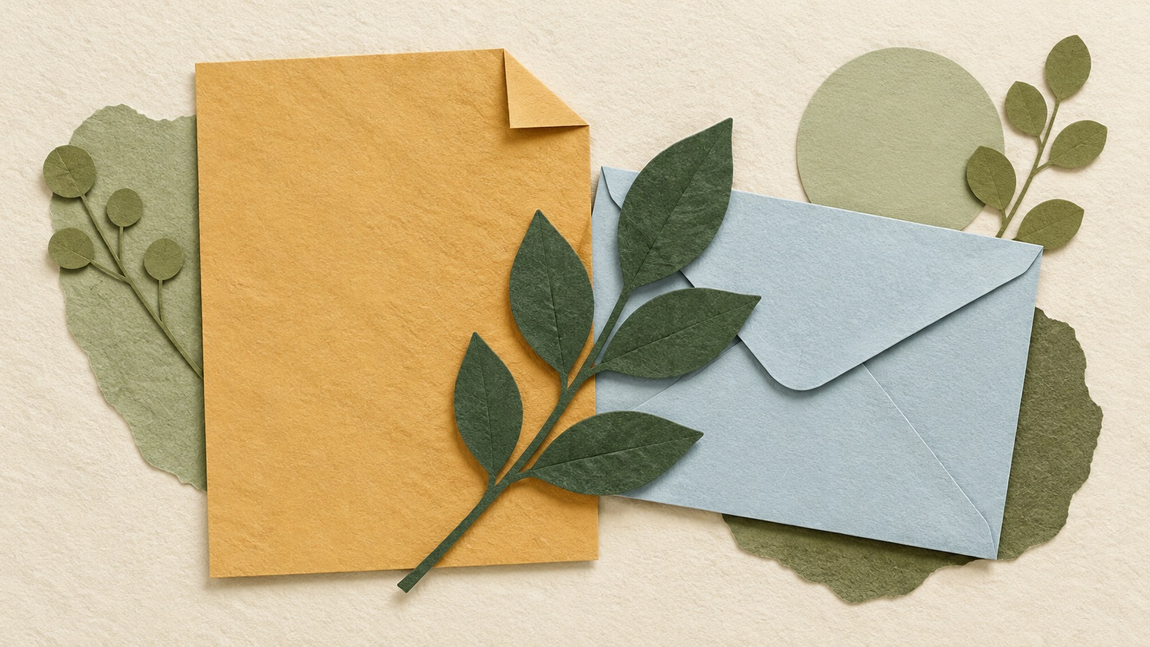 Paper-cut collage of a blank ochre document with a folded corner and a blank pale-blue envelope, a forest-green paper leaf marker beside them.