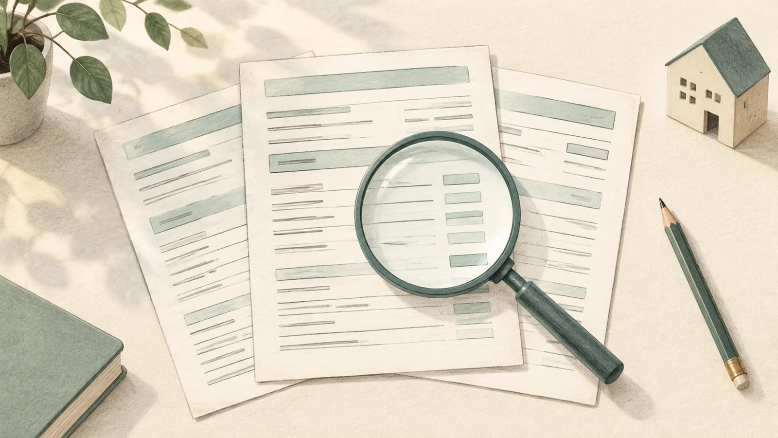 Conceptual illustration of three document sheets, a magnifying glass and a pencil on a desk.