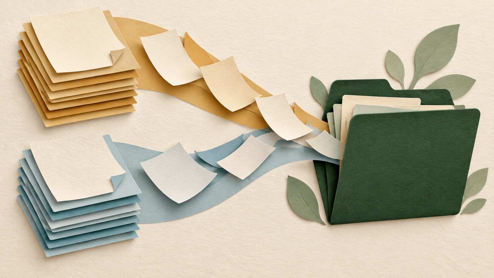 Paper-cut collage of an ochre stack and a blue stack of blank documents merging along a curved path into one forest-green household folder.