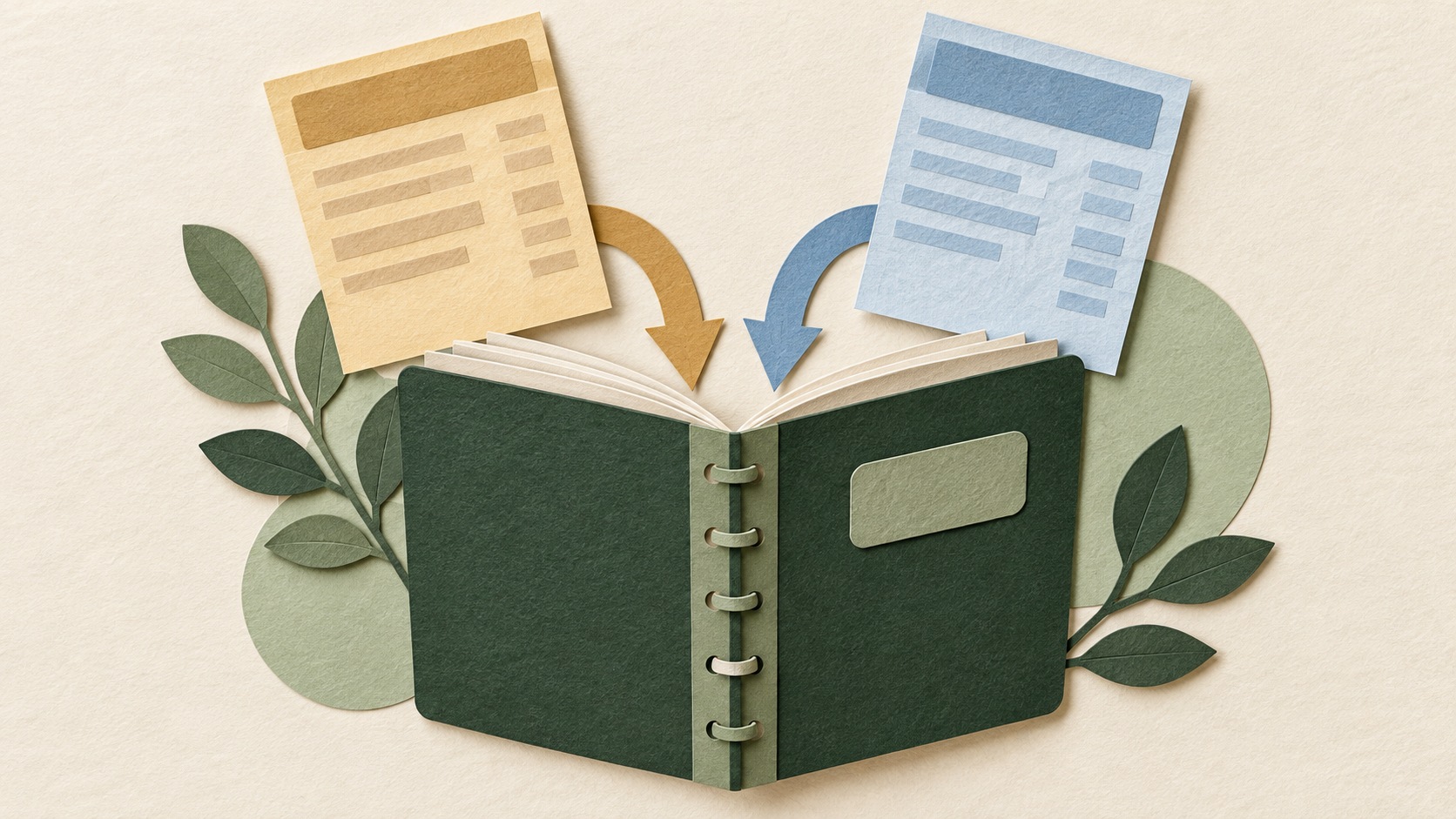 Paper-cut collage of two blank pay slips, one ochre and one blue, feeding into one open paper notebook.