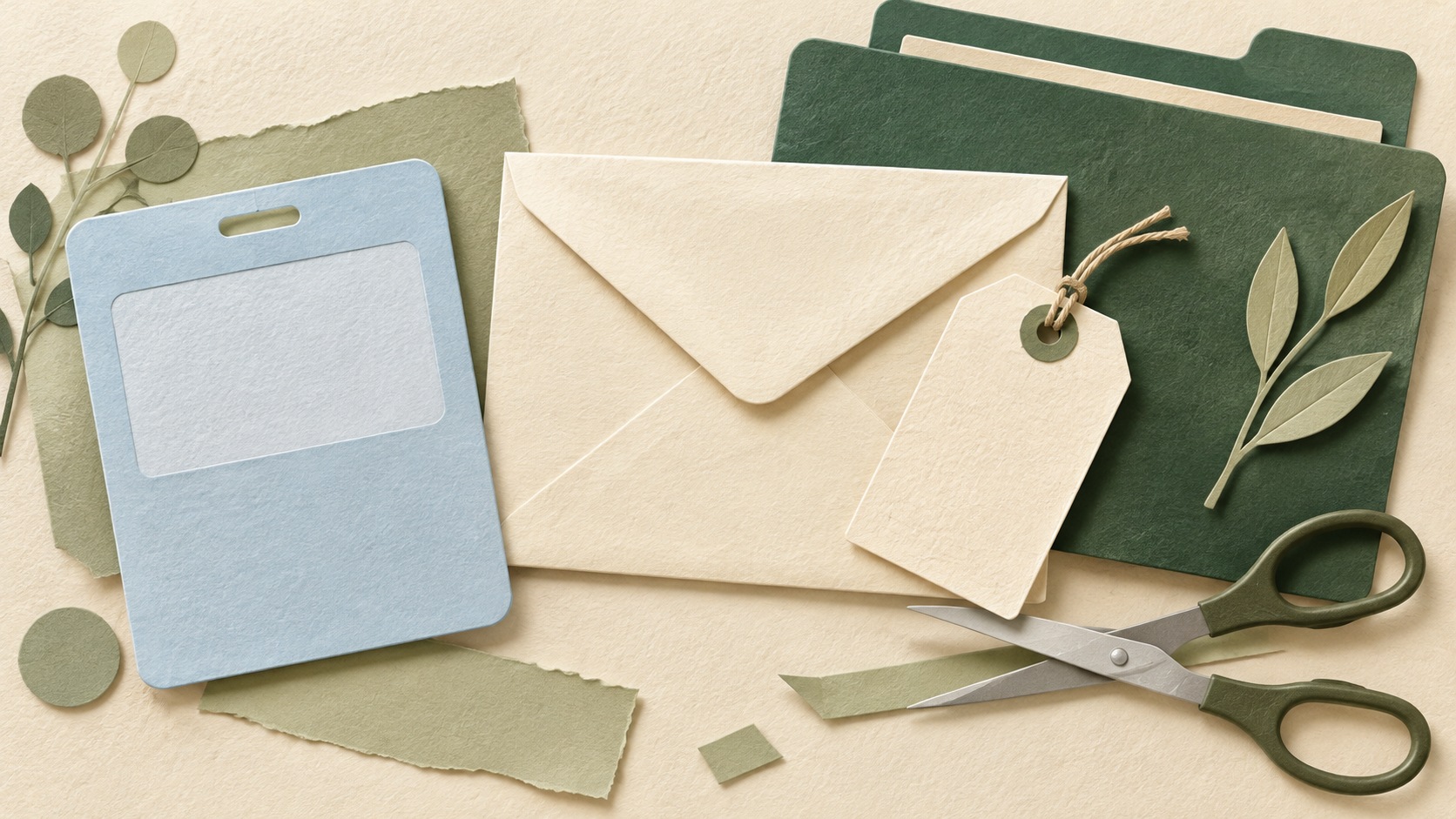 Paper-cut collage of a blank ID-card shape, an envelope with a blank tag, a leaf-marked folder and scissors cutting a paper strip.