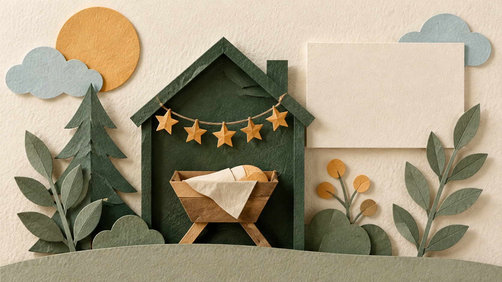 Paper-cut collage of a small forest-green house holding a folded paper crib, with a blank card and an ochre paper star garland above it.