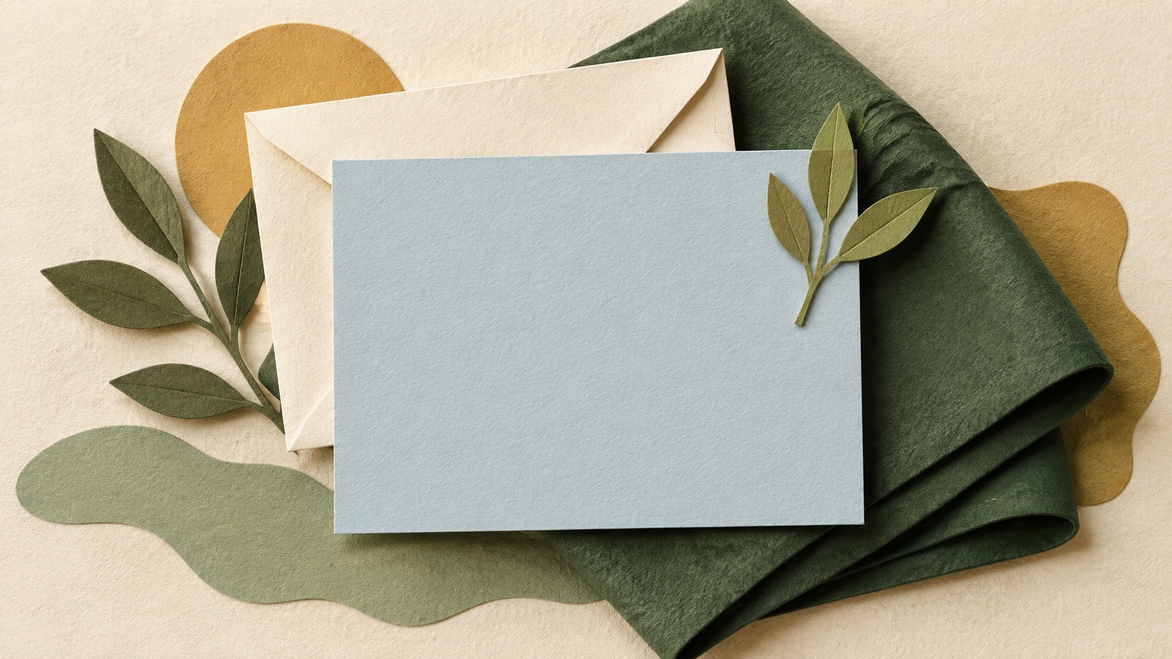 Paper-cut collage of a blank pale-blue card, a cream envelope and a folded forest-green paper blanket in a layered stack with a paper leaf marker.