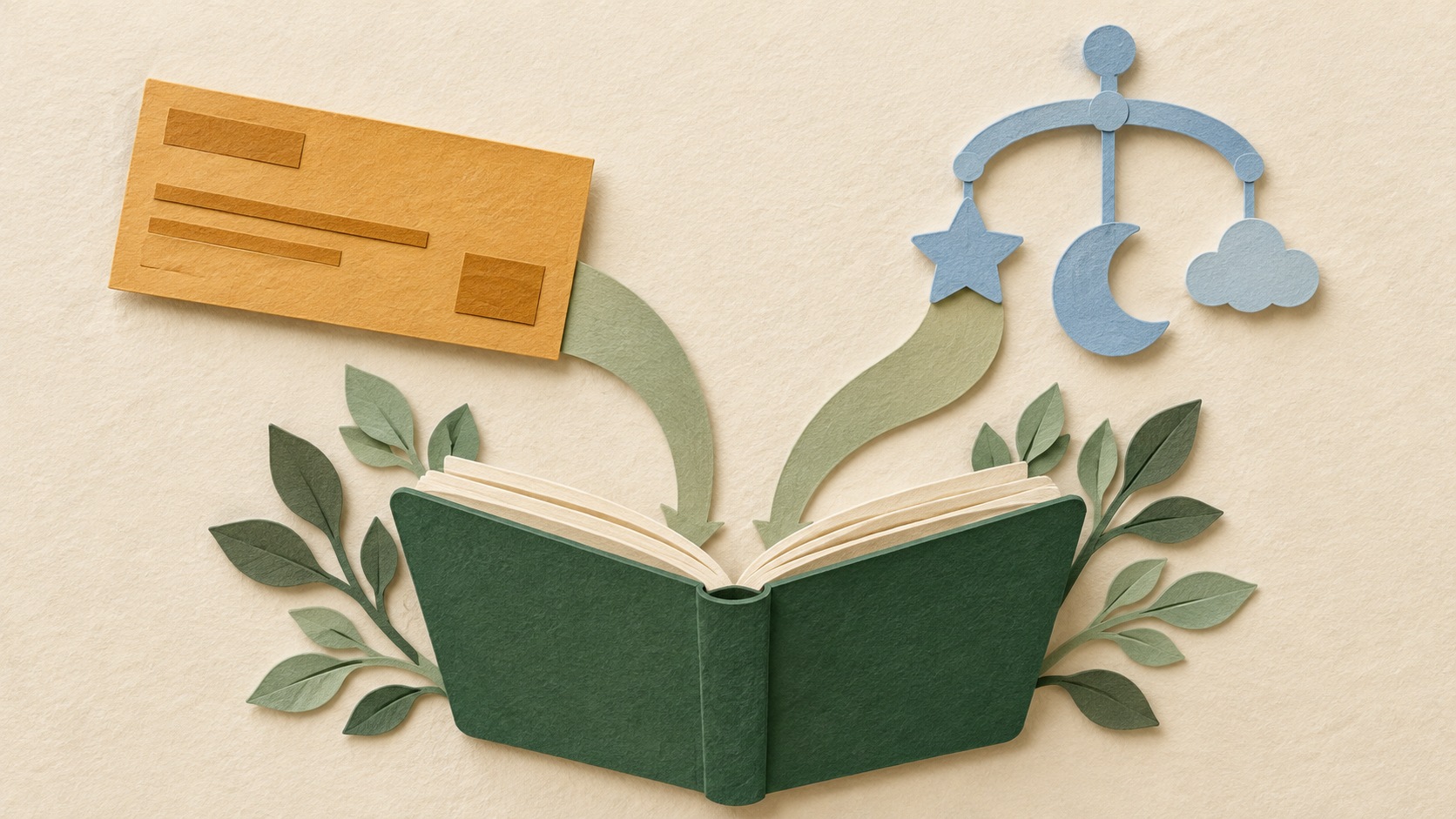 Paper-cut collage of a blank ochre pay slip and a pale-blue paper crib-mobile feeding into one open forest-green notebook.