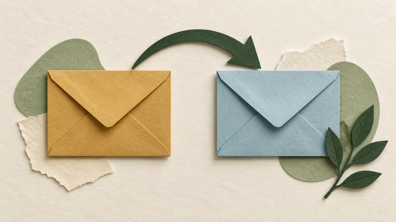 Paper-cut collage of two blank envelopes, one ochre and one pale blue, with a curved forest-green paper arrow showing the path between them.