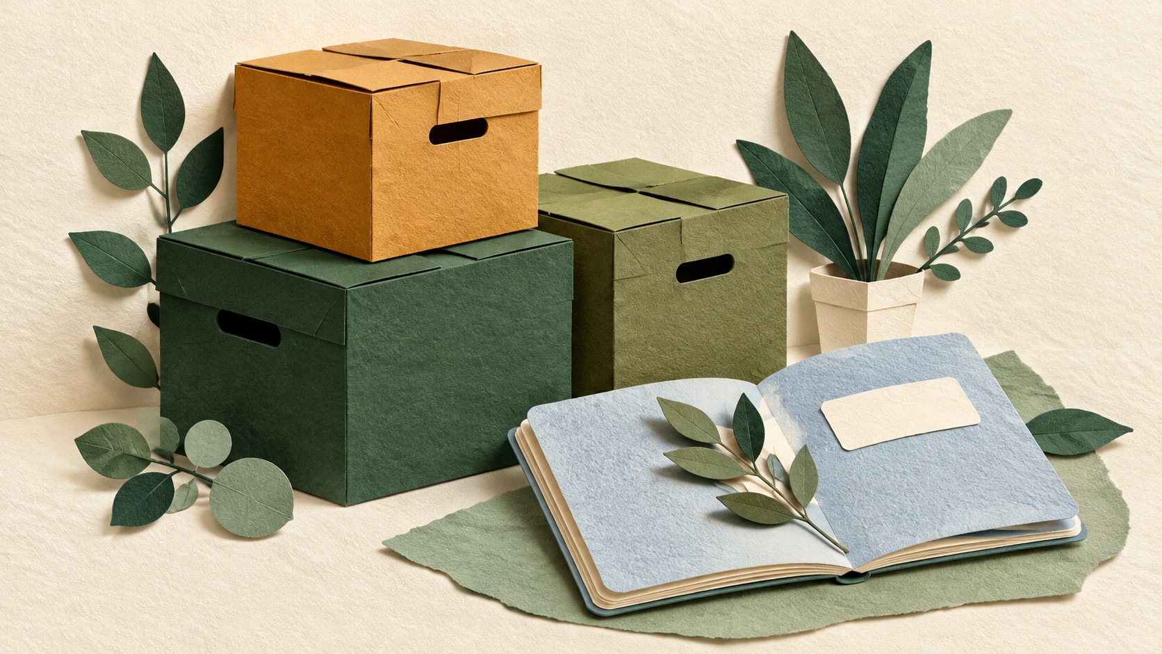 Paper-cut collage of folded forest-green and ochre paper moving boxes beside an open pale-blue paper notebook with a blank label.