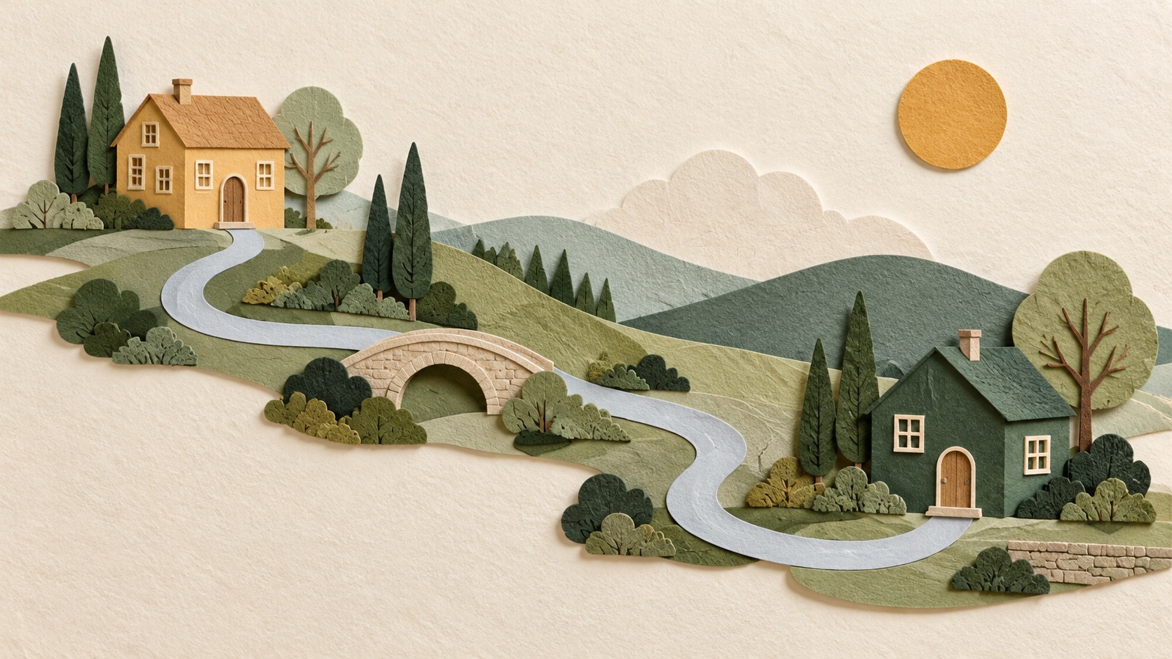 Paper-cut collage of two paper houses, one ochre and one forest green, connected by a winding pale-blue paper road through layered paper hills and trees.