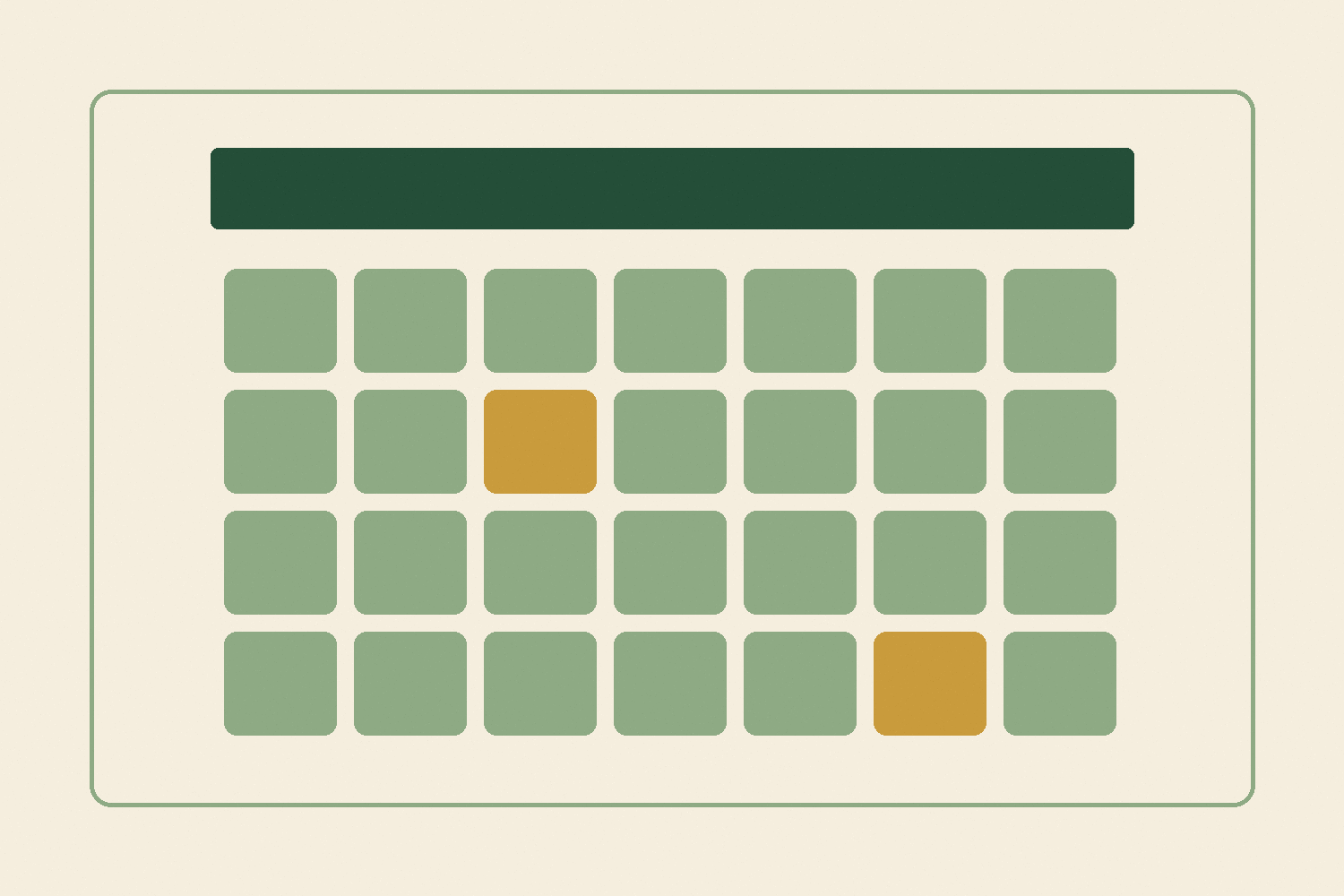 Paper-cut calendar grid with two highlighted cells, illustrating two possible start months.