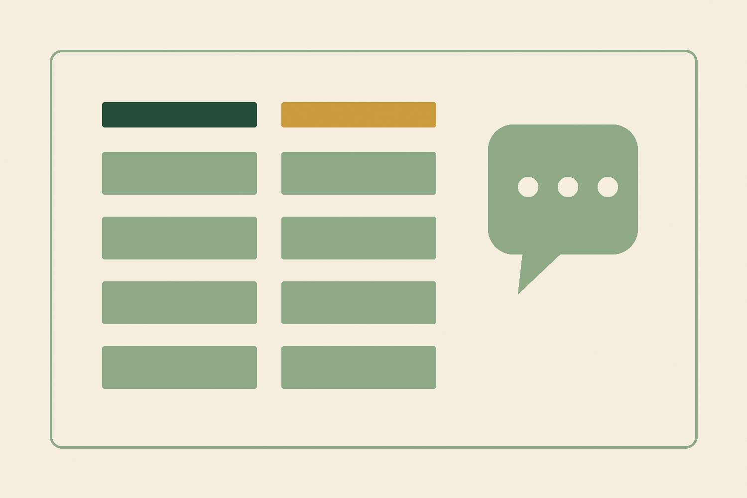 Paper-cut comparison sheet with two blank columns beside a question bubble.
