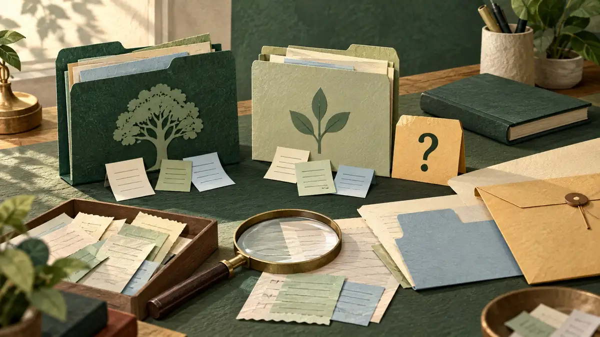 Conceptual inherited and personal record folders kept apart beside source slips and an open-question tab.