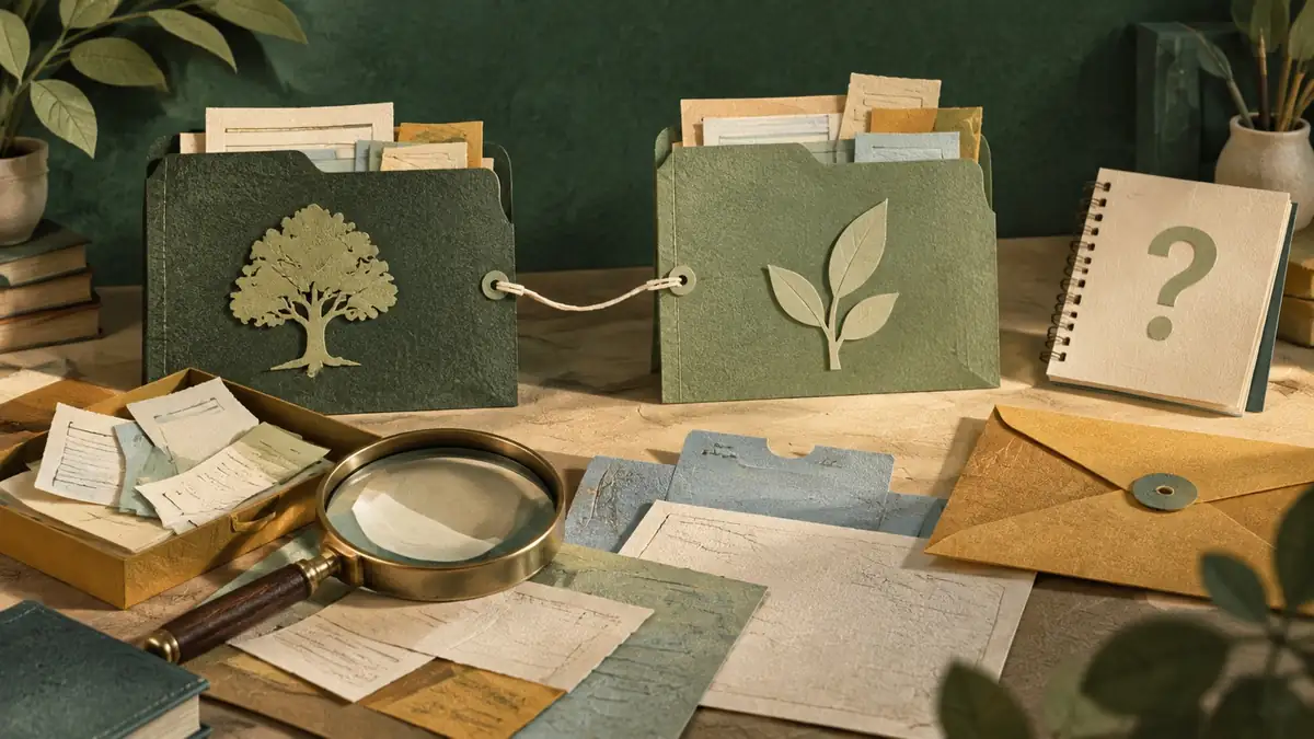 Conceptual inherited record folders joined by a loose thread beside a private question notebook.