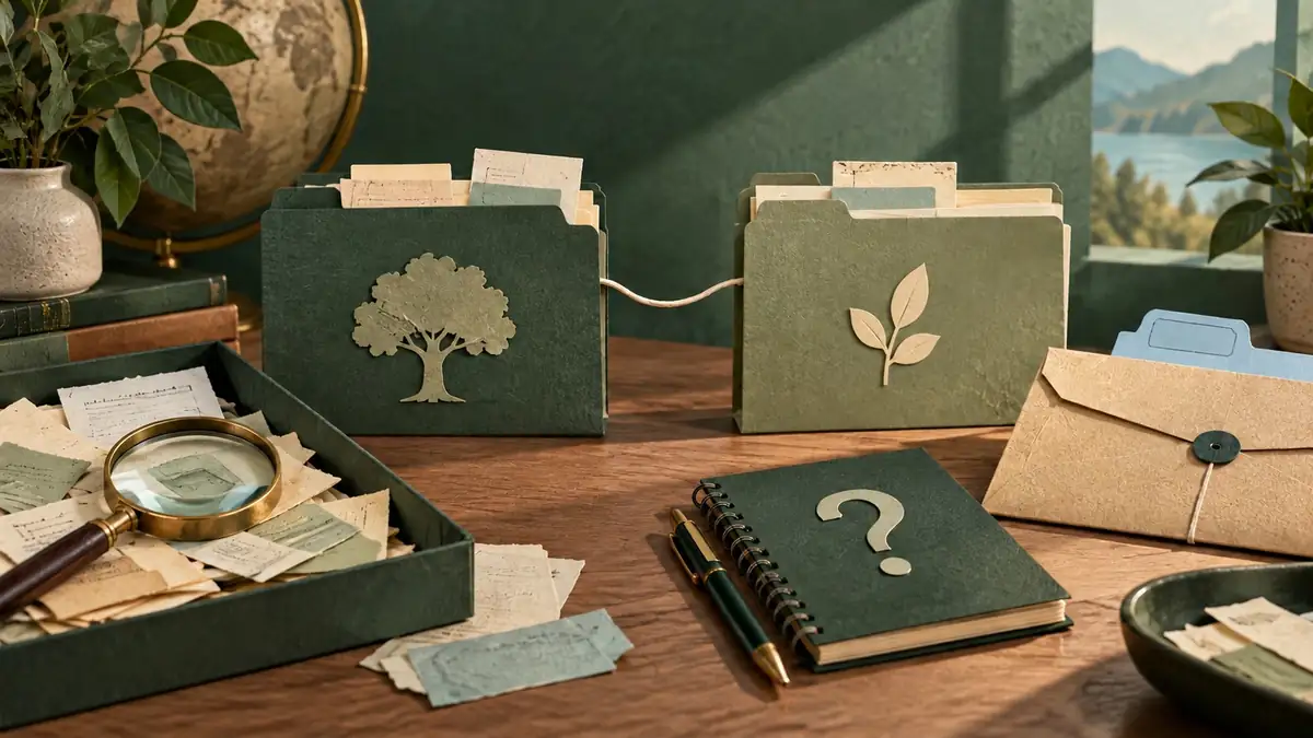 Conceptual unresolved question tab beside a follow-up envelope and inherited record folders.