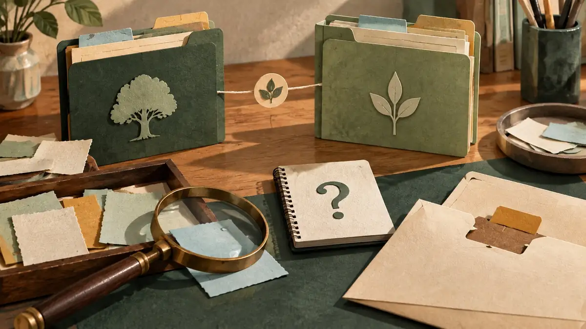 Conceptual inherited record folder and separate question notebook beside source slips.