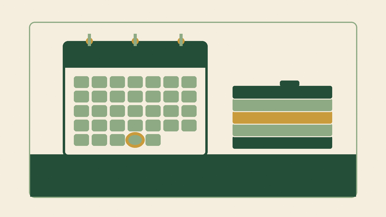 Conceptual illustration of a year-end calendar and organized tax records, not a client document.