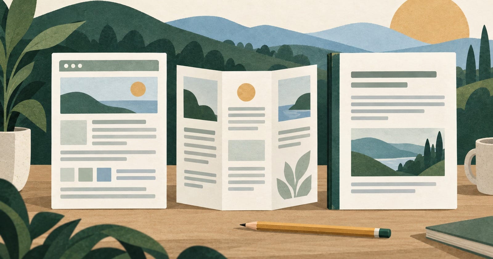 Abstract website document, brochure and agreement arranged side by side with a pencil.