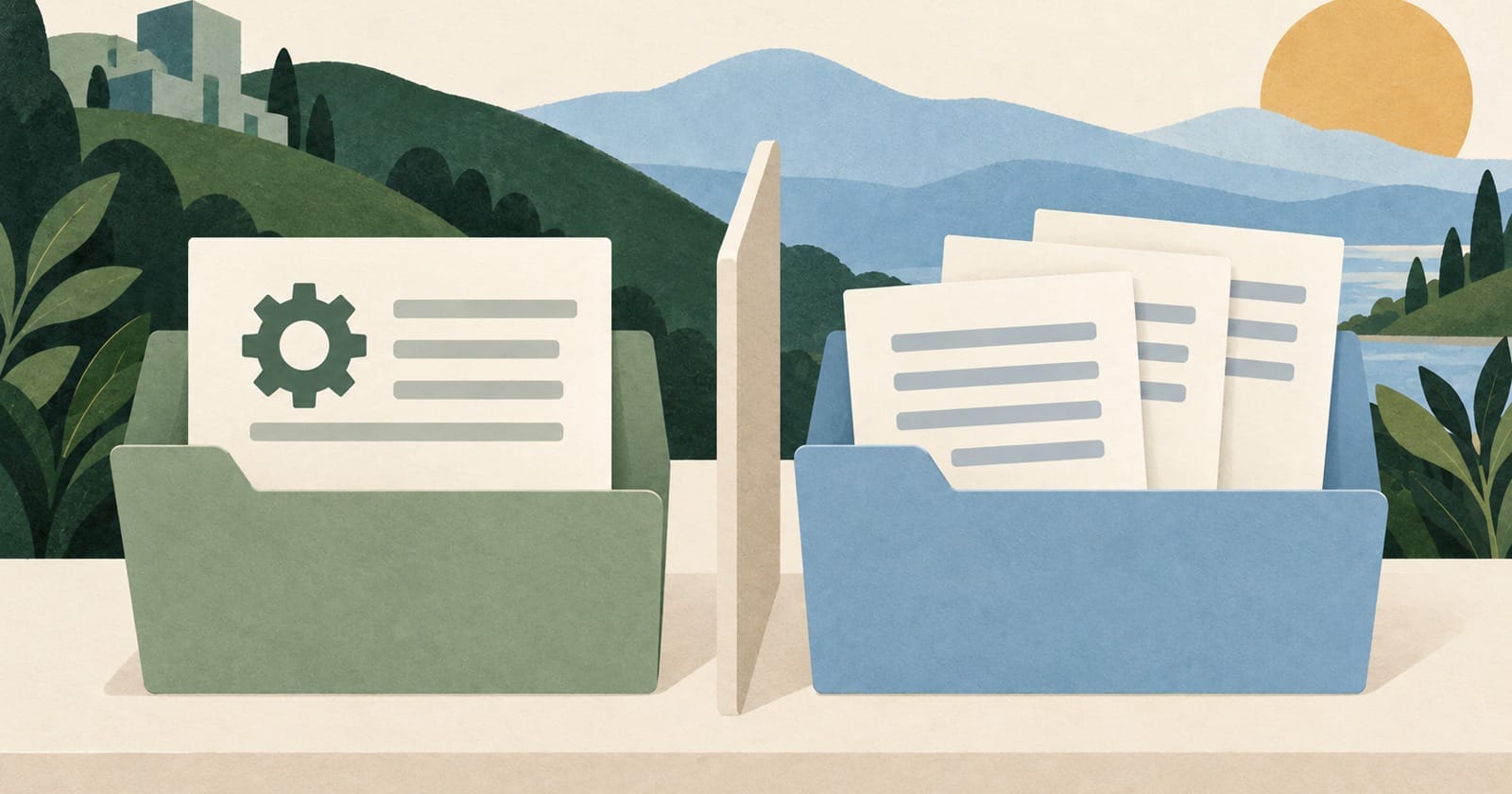 Two folders holding an abstract service sheet and separate account and investment sheets.