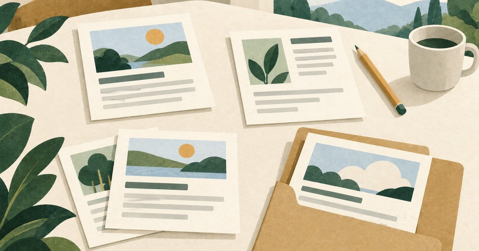 Article cards arranged alone, beside a pencil, overlapping and partly inside a folder.