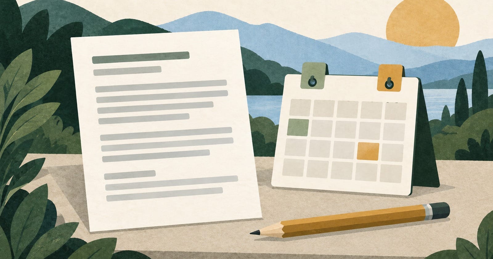 Abstract article sheet, calendar with two blank tabs and pencil.