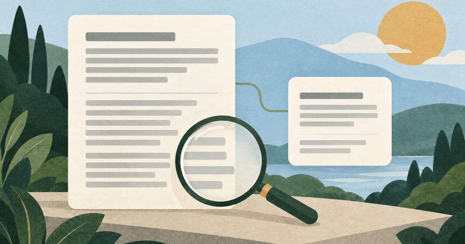 An abstract full message and shorter excerpt card beside a magnifying glass.